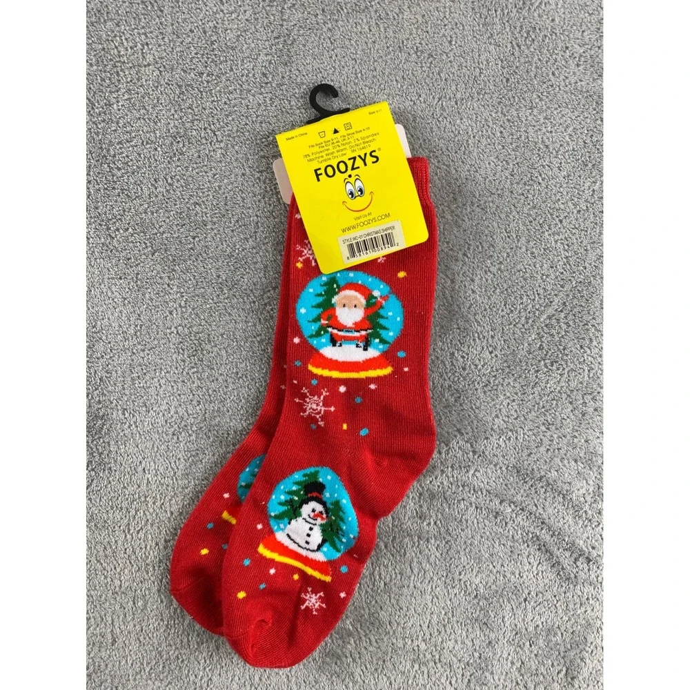 Foozys Kids Christmas Snow Globe Santa Snowman Crew Socks Red